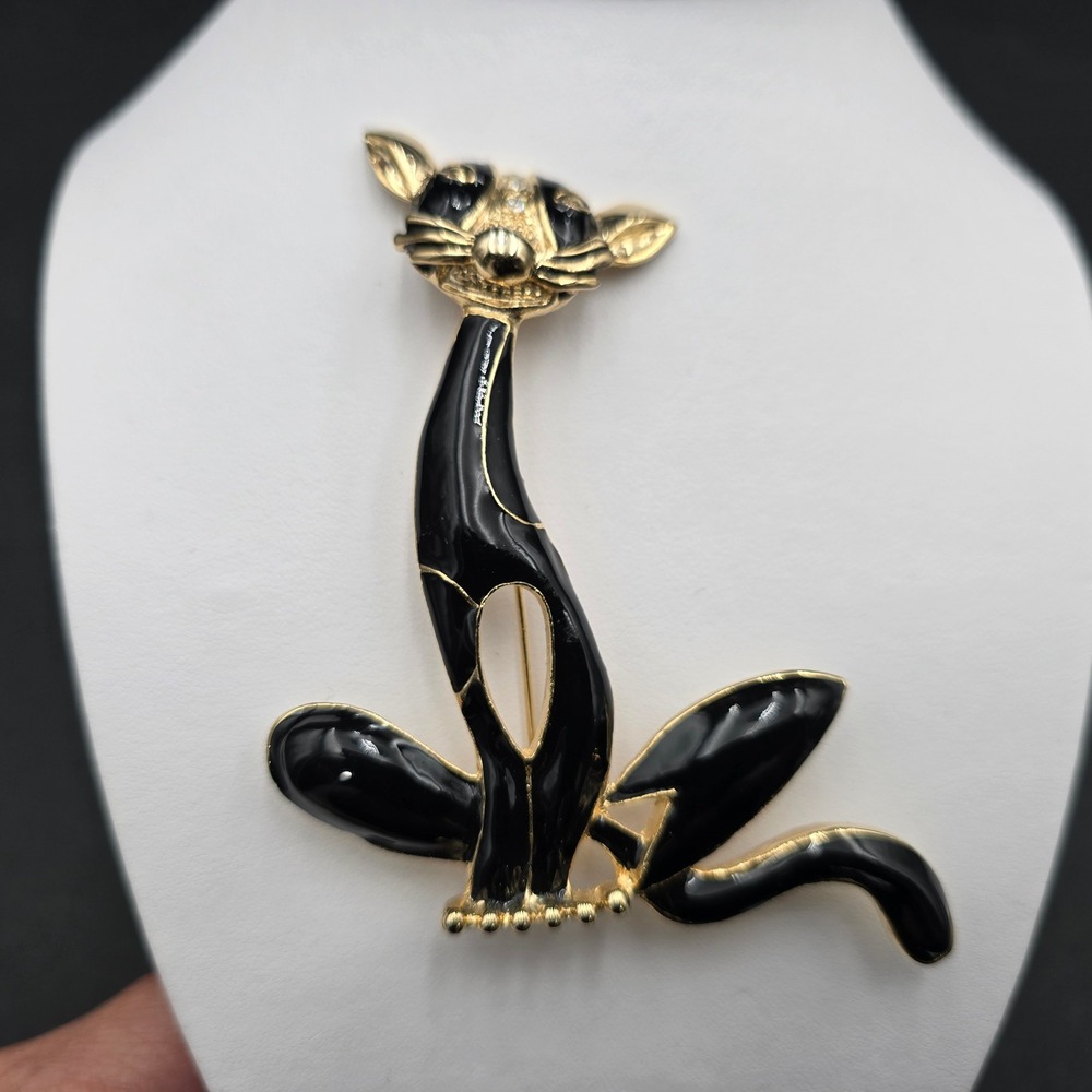 Vintage Black Enamel Cat Brooch Gold Tone Rhinestone Eye Mid Century Style Pin